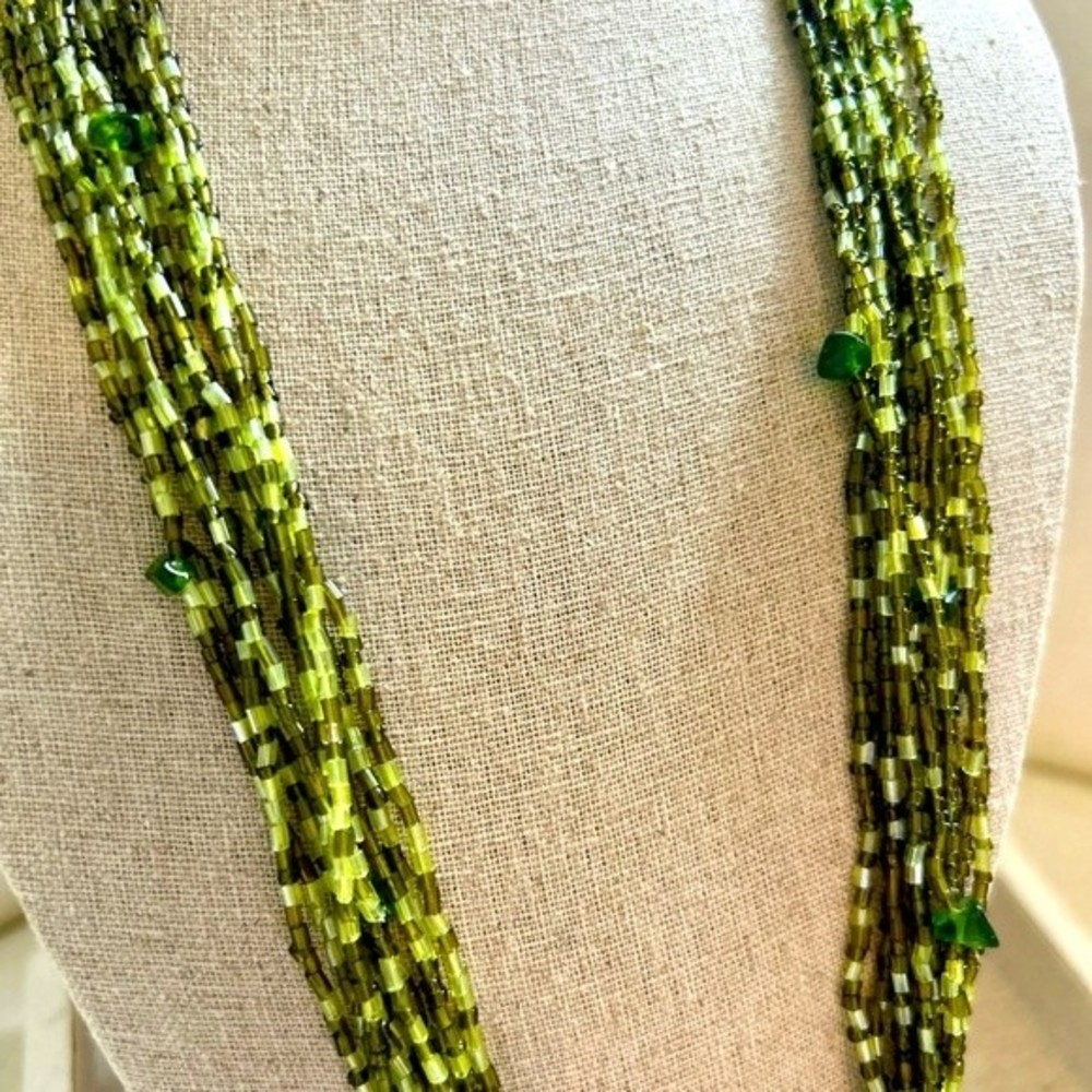 Retro green multi strand long tassel necklace in many shades of green beads